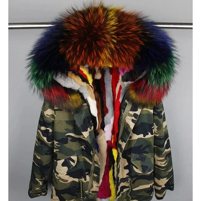 Drop Shipping Maomaokong Oversize Raccoon Fur Hood Short Parka Rabbit Fur Lined Winter Jacket Coat with Fur