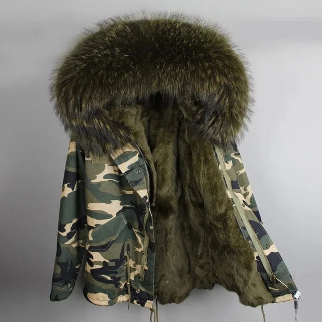 Drop Shipping Maomaokong Oversize Raccoon Fur Hood Short Parka Rabbit Fur Lined Winter Jacket Coat with Fur