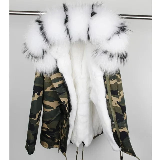 Drop Shipping Maomaokong Oversize Raccoon Fur Hood Short Parka Rabbit Fur Lined Winter Jacket Coat with Fur