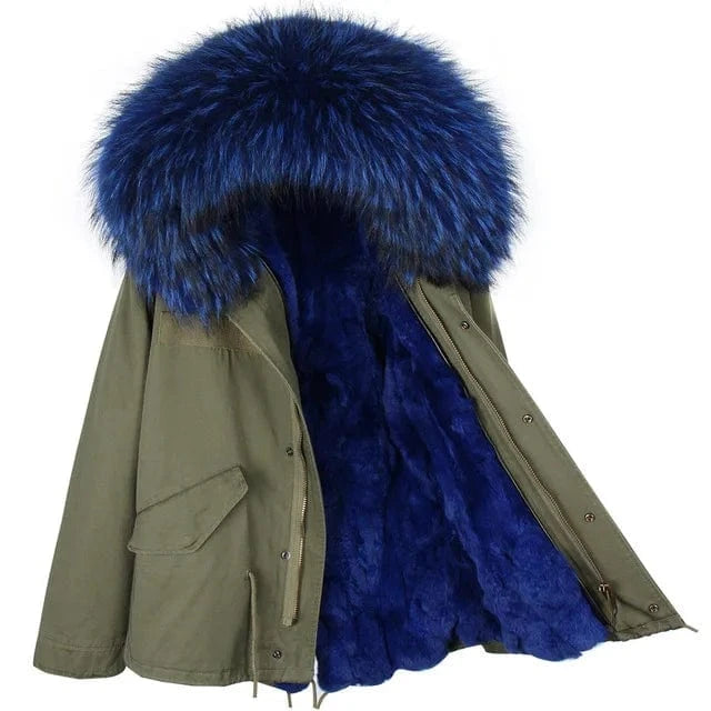Drop Shipping Maomaokong Oversize Raccoon Fur Hood Short Parka Rabbit Fur Lined Winter Jacket Coat with Fur