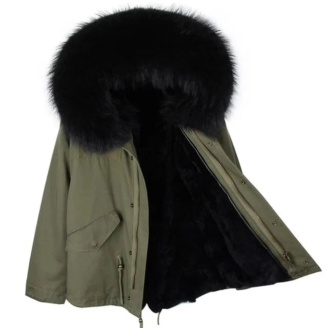 Drop Shipping Maomaokong Oversize Raccoon Fur Hood Short Parka Rabbit Fur Lined Winter Jacket Coat with Fur