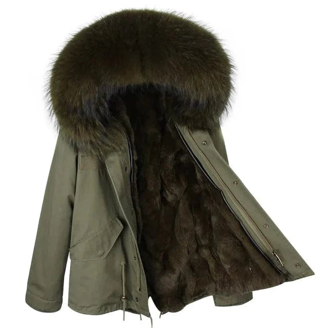 Drop Shipping Maomaokong Oversize Raccoon Fur Hood Short Parka Rabbit Fur Lined Winter Jacket Coat with Fur