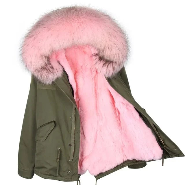 Drop Shipping Maomaokong Oversize Raccoon Fur Hood Short Parka Rabbit Fur Lined Winter Jacket Coat with Fur