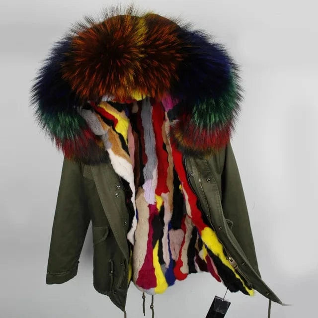 Drop Shipping Maomaokong Oversize Raccoon Fur Hood Short Parka Rabbit Fur Lined Winter Jacket Coat with Fur
