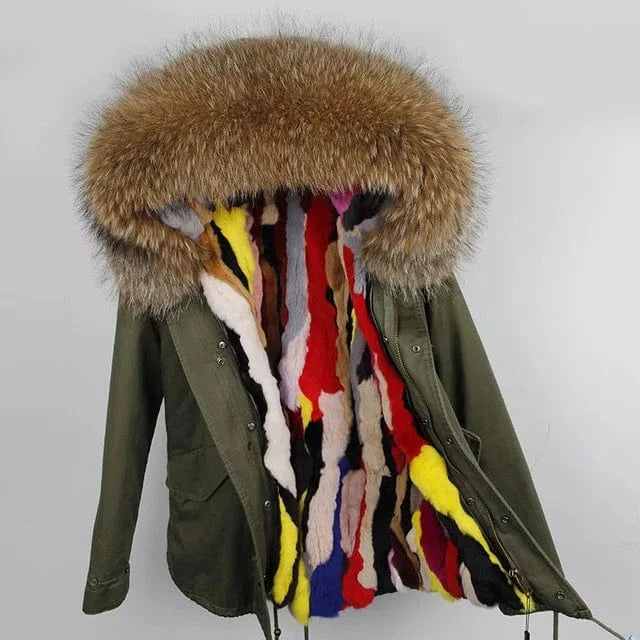 Drop Shipping Maomaokong Oversize Raccoon Fur Hood Short Parka Rabbit Fur Lined Winter Jacket Coat with Fur