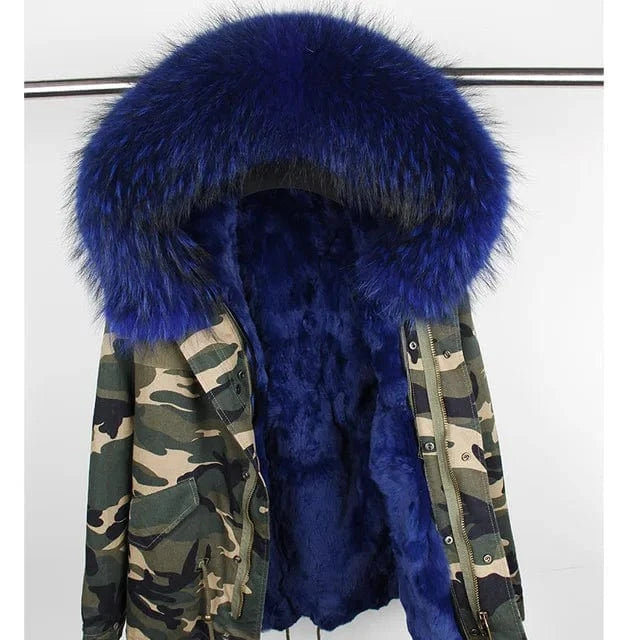 Drop Shipping Maomaokong Oversize Raccoon Fur Hood Short Parka Rabbit Fur Lined Winter Jacket Coat with Fur