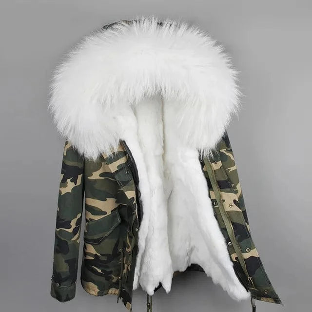 Drop Shipping Maomaokong Oversize Raccoon Fur Hood Short Parka Rabbit Fur Lined Winter Jacket Coat with Fur