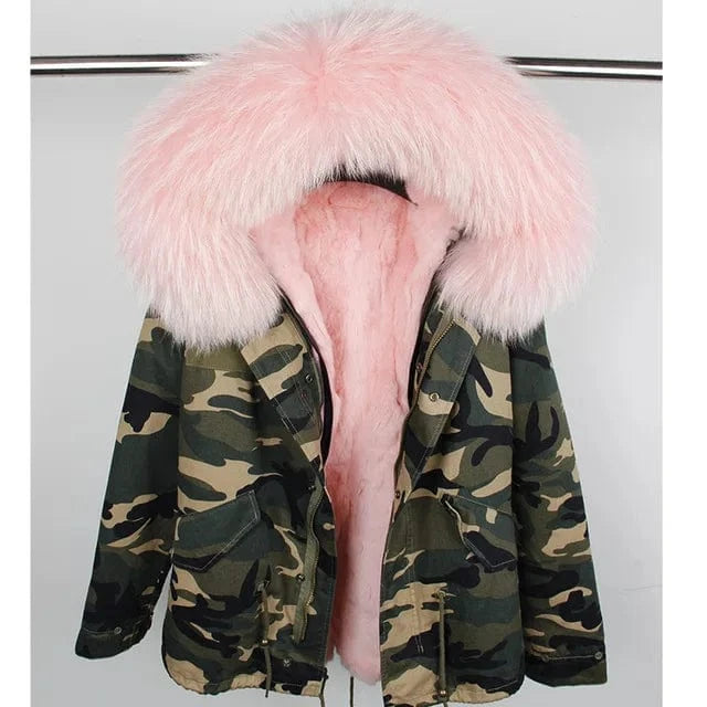 Drop Shipping Maomaokong Oversize Raccoon Fur Hood Short Parka Rabbit Fur Lined Winter Jacket Coat with Fur