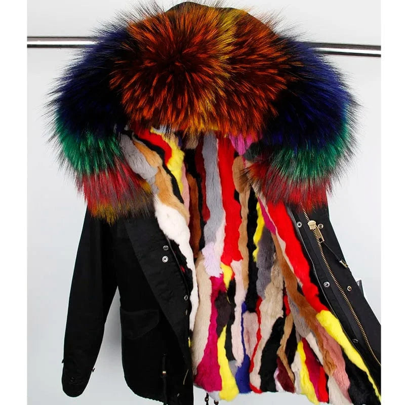 Drop Shipping Maomaokong Oversize Raccoon Fur Hood Short Parka Rabbit Fur Lined Winter Jacket Coat with Fur