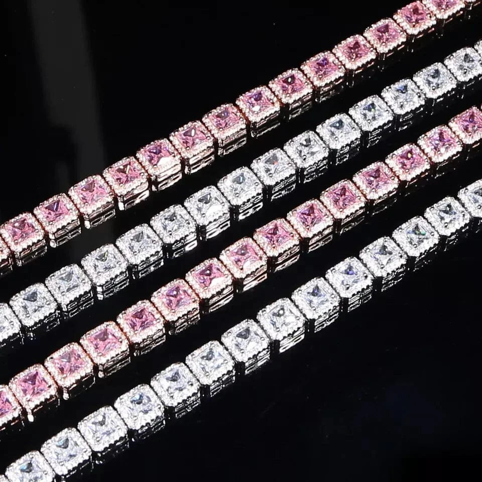 Drop Shopping White Pink CZ Paved Cluster Bracelet Size 16cm 18cm For Women Men Geometric Square CZ Fine Jewelry