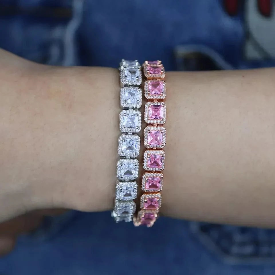 Drop Shopping White Pink CZ Paved Cluster Bracelet Size 16cm 18cm For Women Men Geometric Square CZ Fine Jewelry
