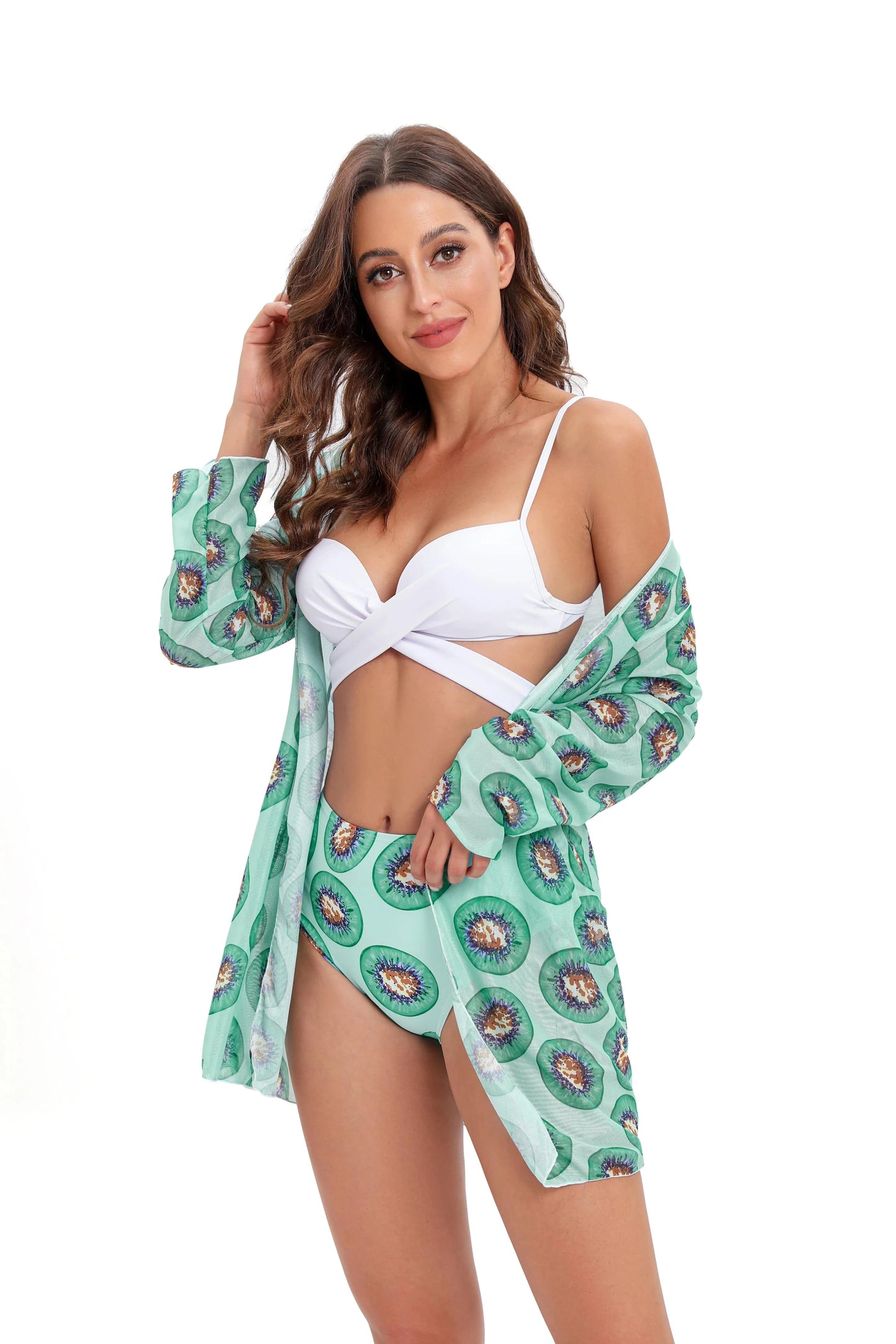 Dropshipping bikini 3 piece set long sleeve mesh beach cover up high waist swimsuit tropical printed Bikinis Swimwear