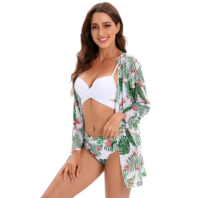 Dropshipping bikini 3 piece set long sleeve mesh beach cover up high waist swimsuit tropical printed Bikinis Swimwear