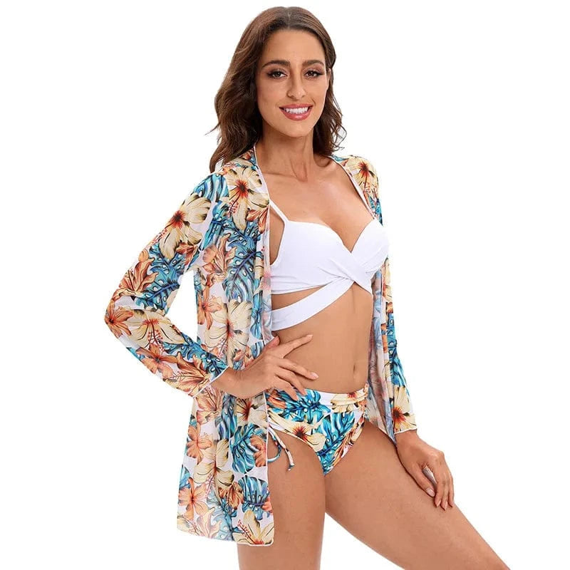 Dropshipping bikini 3 piece set long sleeve mesh beach cover up high waist swimsuit tropical printed Bikinis Swimwear