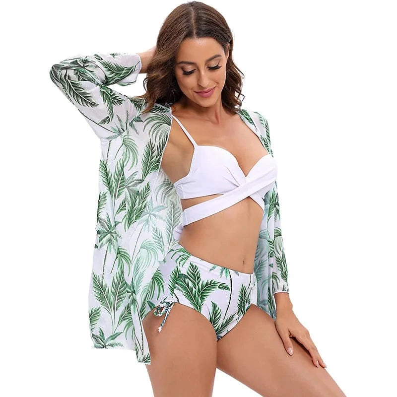 Dropshipping bikini 3 piece set long sleeve mesh beach cover up high waist swimsuit tropical printed Bikinis Swimwear