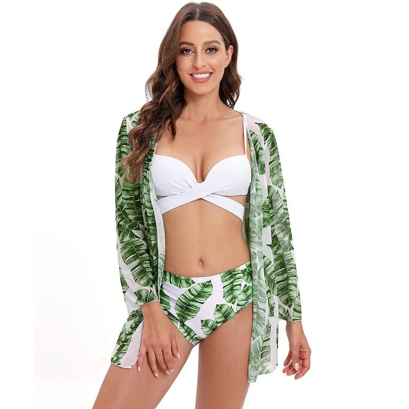 Dropshipping bikini 3 piece set long sleeve mesh beach cover up high waist swimsuit tropical printed Bikinis Swimwear