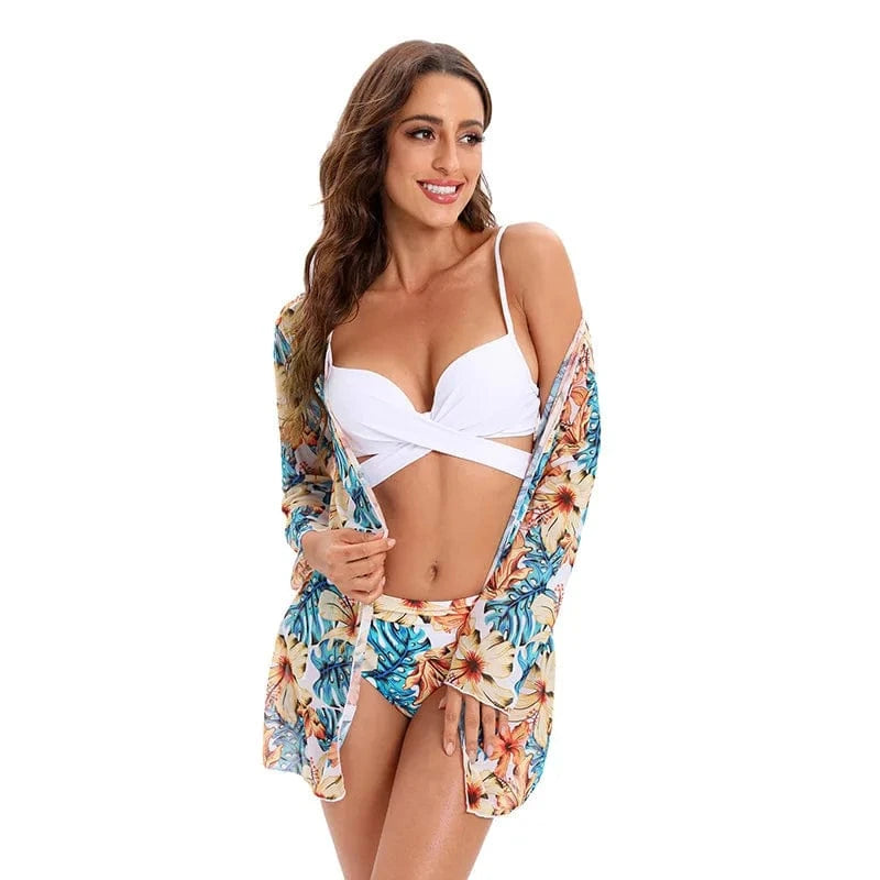 Dropshipping bikini 3 piece set long sleeve mesh beach cover up high waist swimsuit tropical printed Bikinis Swimwear