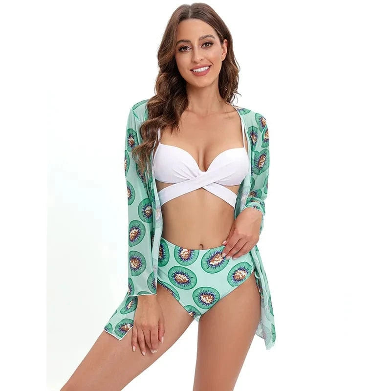 Dropshipping bikini 3 piece set long sleeve mesh beach cover up high waist swimsuit tropical printed Bikinis Swimwear