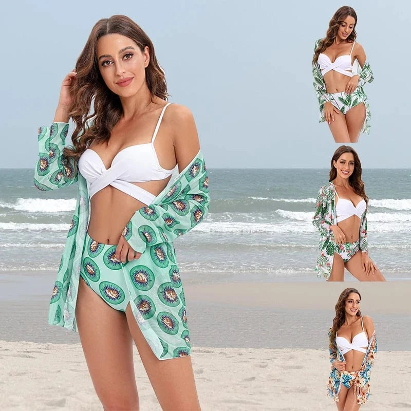 Dropshipping bikini 3 piece set long sleeve mesh beach cover up high waist swimsuit tropical printed Bikinis Swimwear