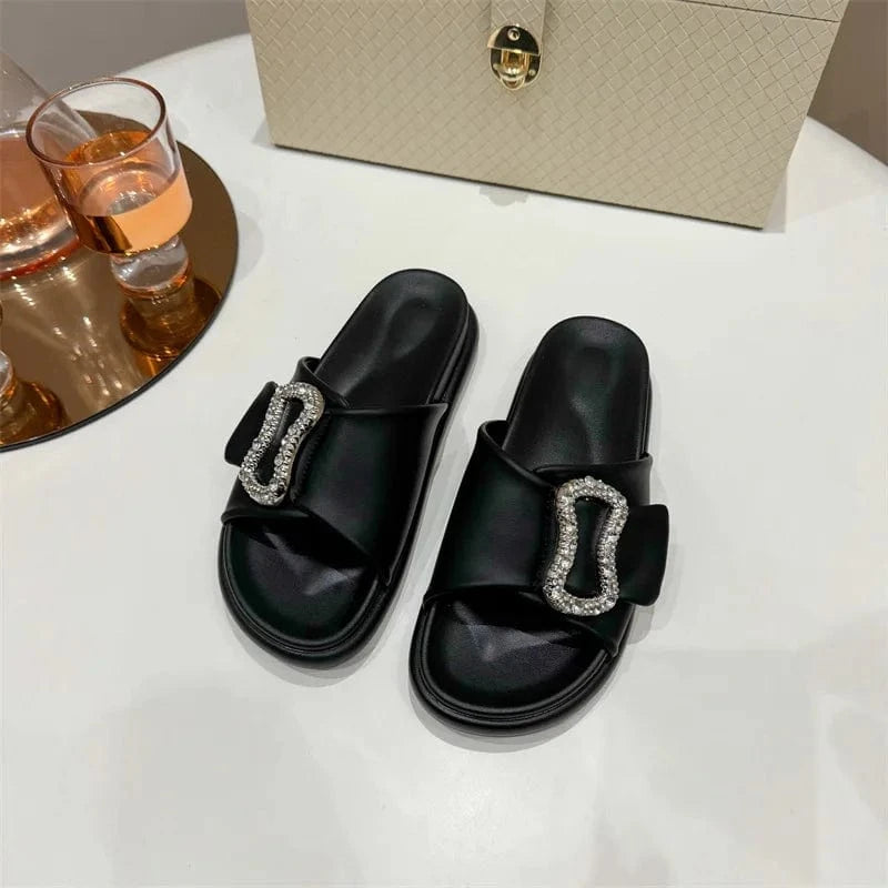Dropshipping Custom Logo 2024 Summer New Sliver Rhinestone Buckle Slippers Breathable and Anti-Slip Ladies Flat Sandals
