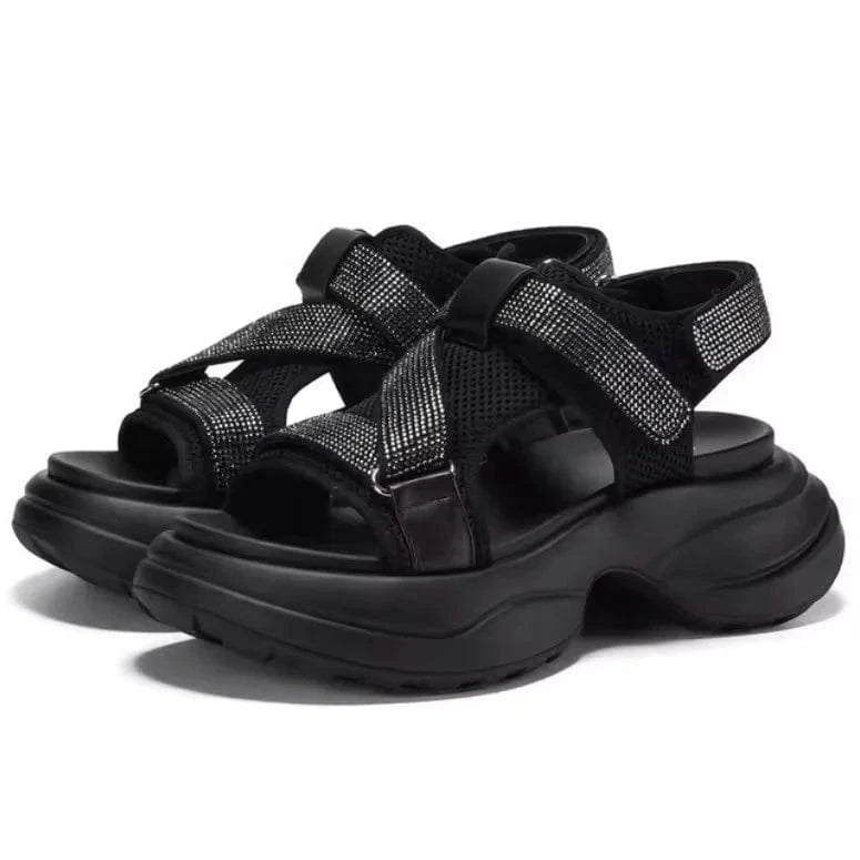 Dropshipping Custom Logo Genuine Leather Rhinestone Women's Wedges Sandals Chunky Platform Sandal Shoes