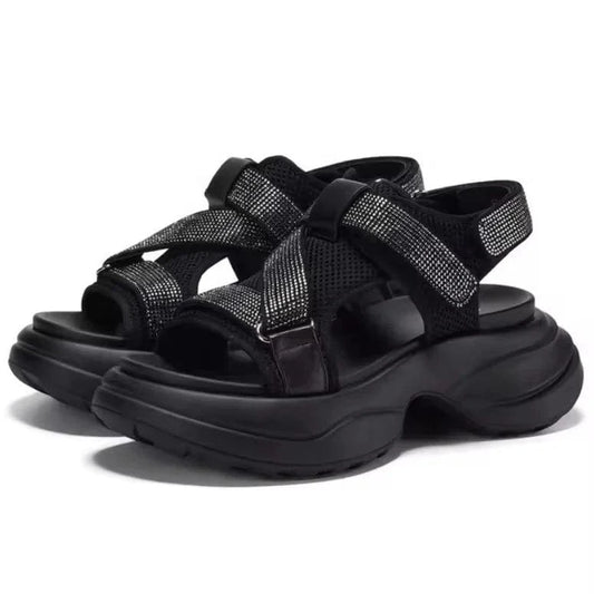 Dropshipping Custom Logo Genuine Leather Rhinestone Women's Wedges Sandals Chunky Platform Sandal Shoes