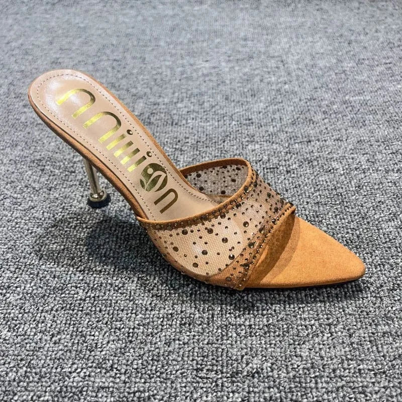 Dropshipping Custom Logo Mesh Rhinestone Sexy Stiletto Heeled Sandals Pointed Toe High Heels Slippers for Women