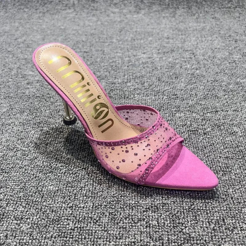 Dropshipping Custom Logo Mesh Rhinestone Sexy Stiletto Heeled Sandals Pointed Toe High Heels Slippers for Women