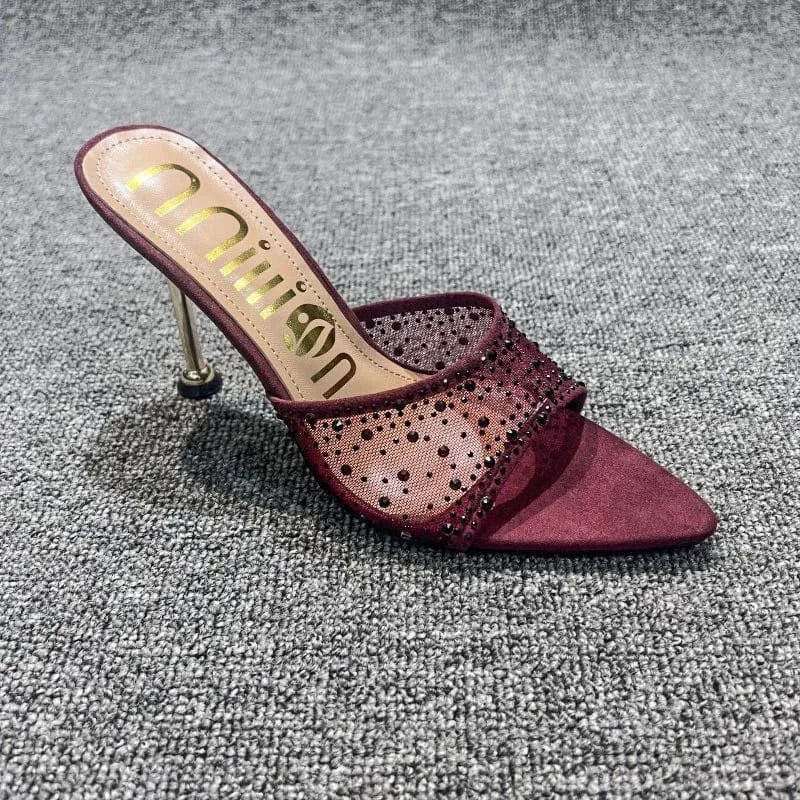 Dropshipping Custom Logo Mesh Rhinestone Sexy Stiletto Heeled Sandals Pointed Toe High Heels Slippers for Women