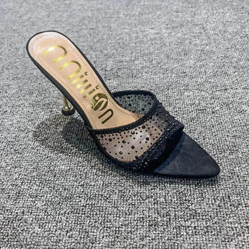 Dropshipping Custom Logo Mesh Rhinestone Sexy Stiletto Heeled Sandals Pointed Toe High Heels Slippers for Women