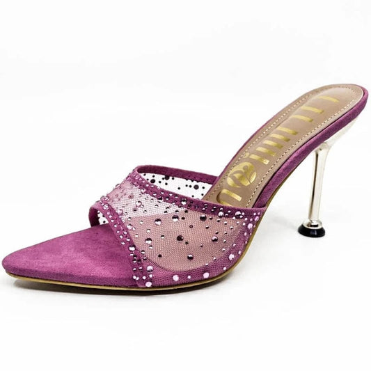 Dropshipping Custom Logo Mesh Rhinestone Sexy Stiletto Heeled Sandals Pointed Toe High Heels Slippers for Women