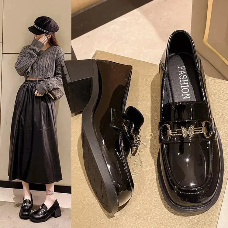 Dropshipping Custom Logo New Design Chunky Platform Leather Shoes Women High Heels Slip-On Casual Loafers for Girls