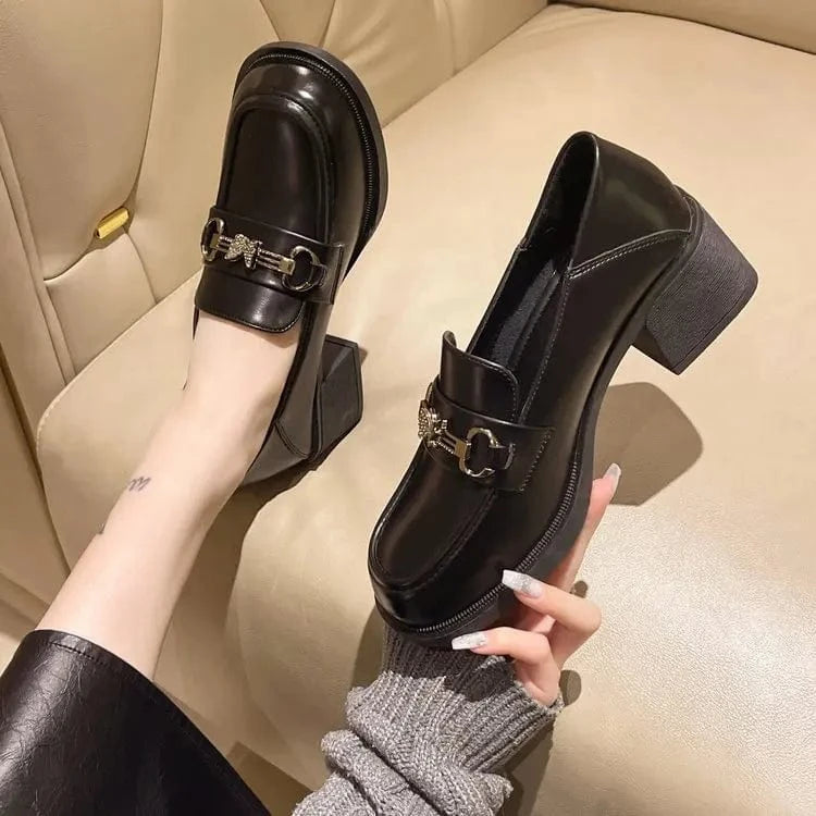 Dropshipping Custom Logo New Design Chunky Platform Leather Shoes Women High Heels Slip-On Casual Loafers for Girls