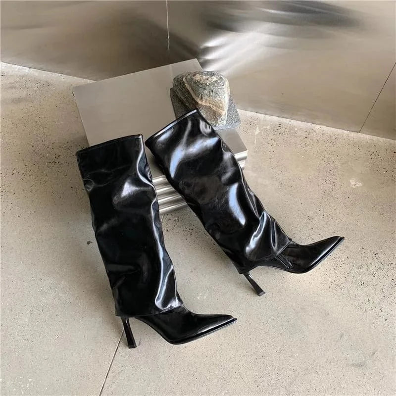 Dropshipping Custom Logo New High Heel Stiletto Pointed Knee-Length Knight Boots Solid Color Mid-Calf Long Boots Women Shoes