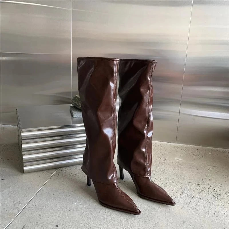 Dropshipping Custom Logo New High Heel Stiletto Pointed Knee-Length Knight Boots Solid Color Mid-Calf Long Boots Women Shoes