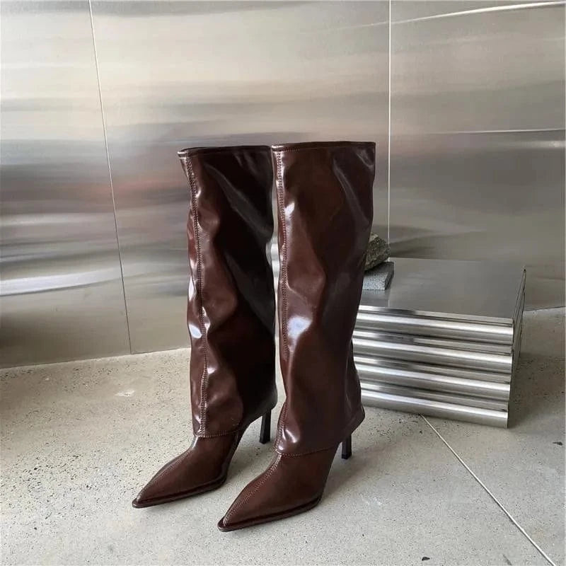 Dropshipping Custom Logo New High Heel Stiletto Pointed Knee-Length Knight Boots Solid Color Mid-Calf Long Boots Women Shoes