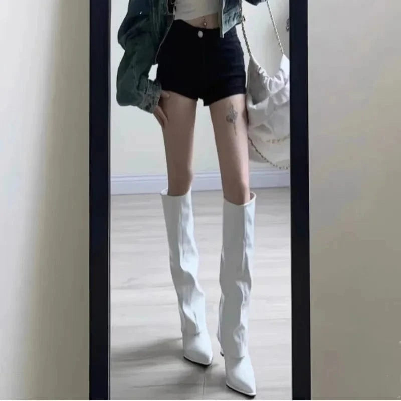 Dropshipping Custom Logo New High Heel Stiletto Pointed Knee-Length Knight Boots Solid Color Mid-Calf Long Boots Women Shoes