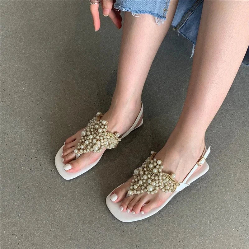 Dropshipping Custom Logo Pearl Wedding Shoes Women's Summer White Slide Sandals Flip-flops Soft Rhinestone Flat Beach Sandal