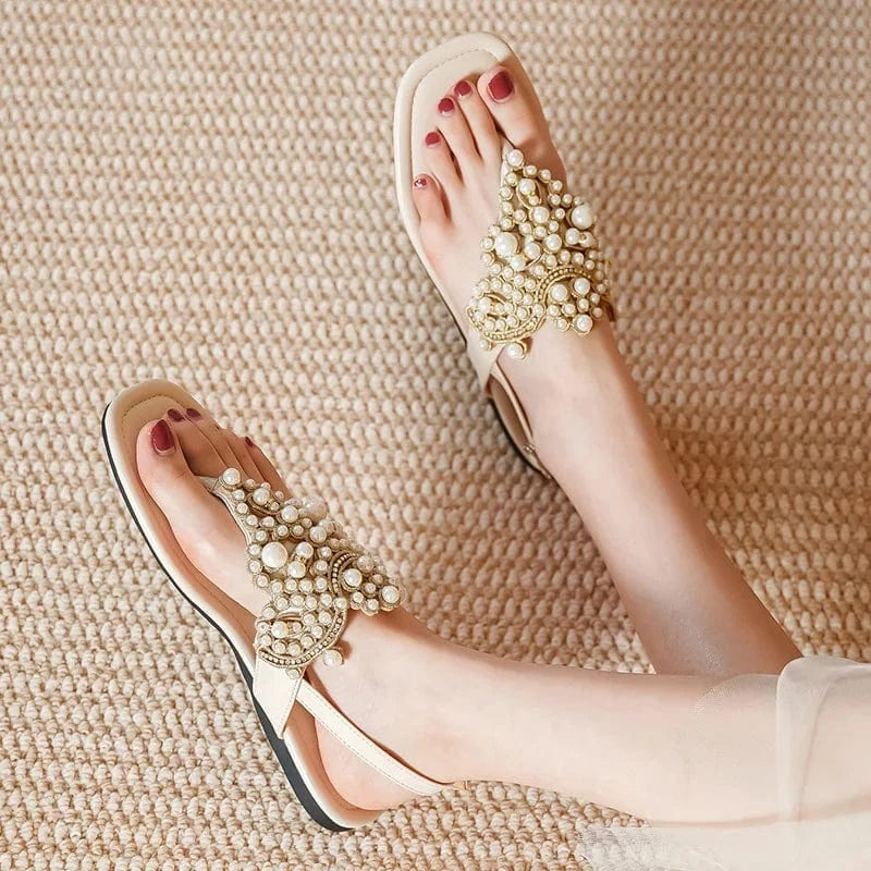 Dropshipping Custom Logo Pearl Wedding Shoes Women's Summer White Slide Sandals Flip-flops Soft Rhinestone Flat Beach Sandal
