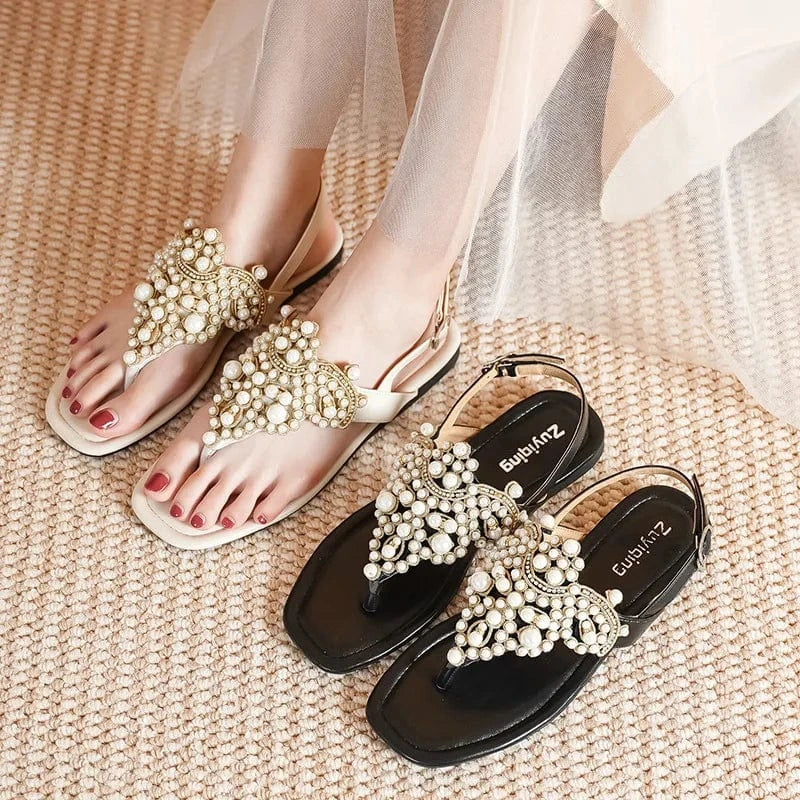 Dropshipping Custom Logo Pearl Wedding Shoes Women's Summer White Slide Sandals Flip-flops Soft Rhinestone Flat Beach Sandal