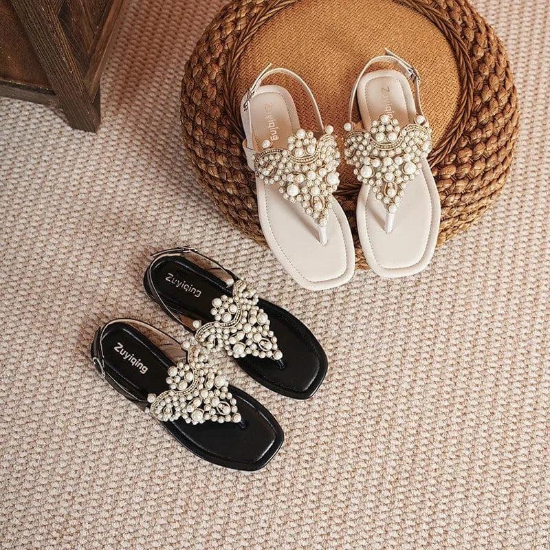Dropshipping Custom Logo Pearl Wedding Shoes Women's Summer White Slide Sandals Flip-flops Soft Rhinestone Flat Beach Sandal