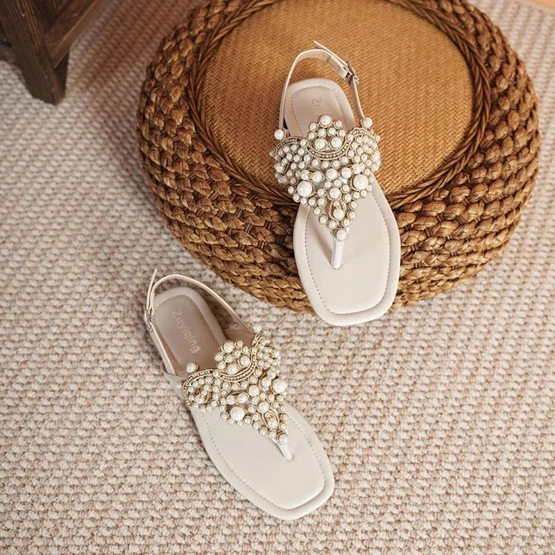 Dropshipping Custom Logo Pearl Wedding Shoes Women's Summer White Slide Sandals Flip-flops Soft Rhinestone Flat Beach Sandal