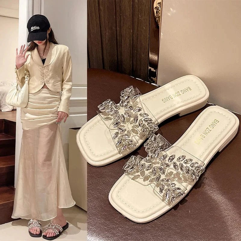 Dropshipping Custom Logo Rhinestone PVC Transparent Flat Fashion Women`s Sandals and Slippers for Ladies