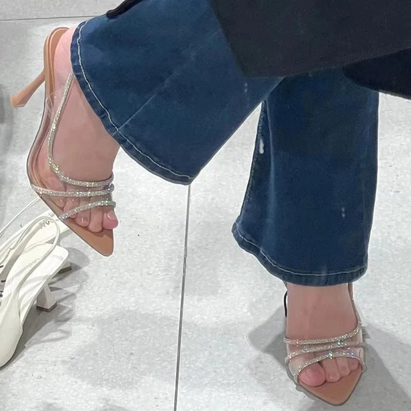 Dropshipping Custom Logo Sexy Pointed Toe Heeled Shoes PVC High Heels Sandals for Women