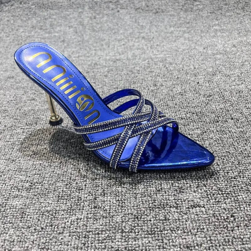 Dropshipping Custom Logo Sexy Rhinestone Stiletto Heeled Sandals Women Shoes Pointed Toe High Heels Slippers for Ladies