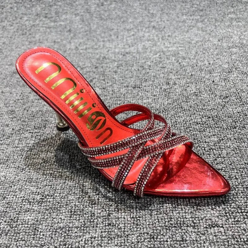 Dropshipping Custom Logo Sexy Rhinestone Stiletto Heeled Sandals Women Shoes Pointed Toe High Heels Slippers for Ladies