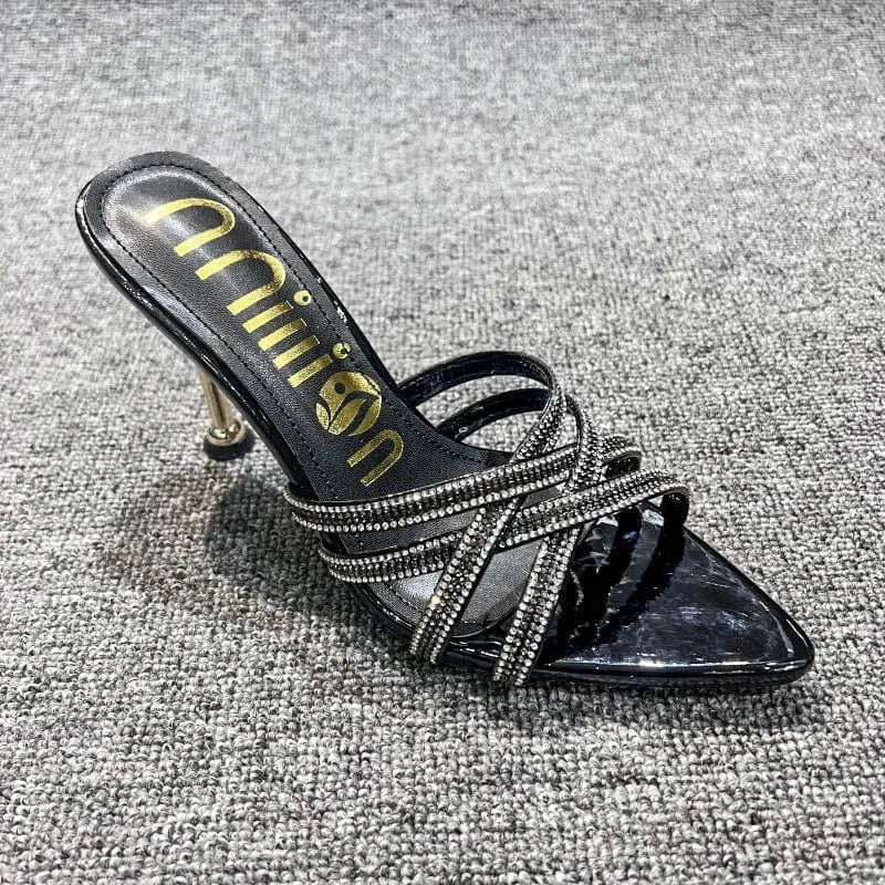 Dropshipping Custom Logo Sexy Rhinestone Stiletto Heeled Sandals Women Shoes Pointed Toe High Heels Slippers for Ladies