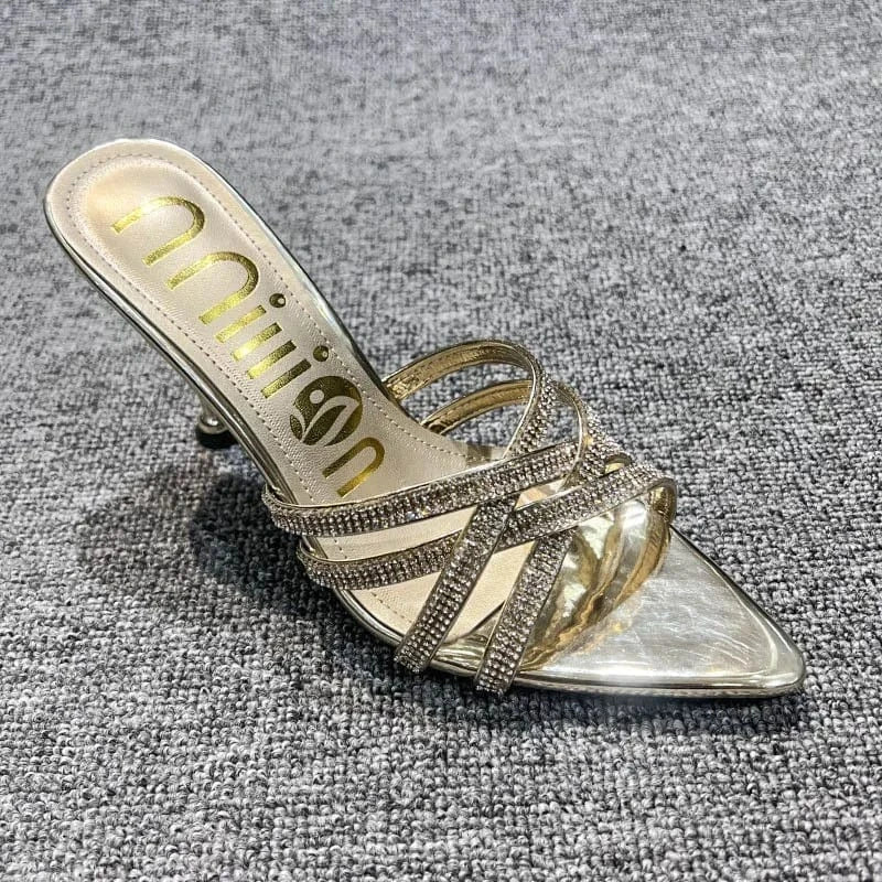 Dropshipping Custom Logo Sexy Rhinestone Stiletto Heeled Sandals Women Shoes Pointed Toe High Heels Slippers for Ladies