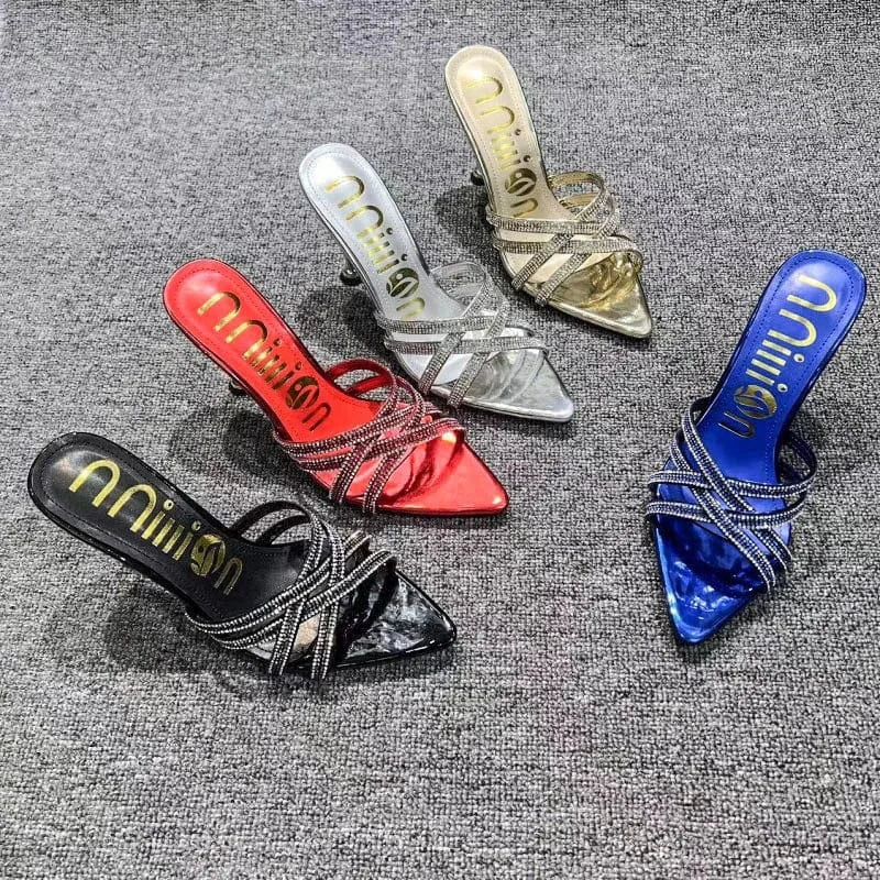 Dropshipping Custom Logo Sexy Rhinestone Stiletto Heeled Sandals Women Shoes Pointed Toe High Heels Slippers for Ladies