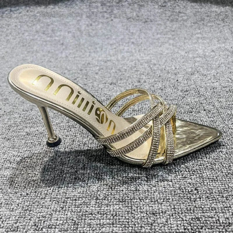 Dropshipping Custom Logo Sexy Rhinestone Stiletto Heeled Sandals Women Shoes Pointed Toe High Heels Slippers for Ladies